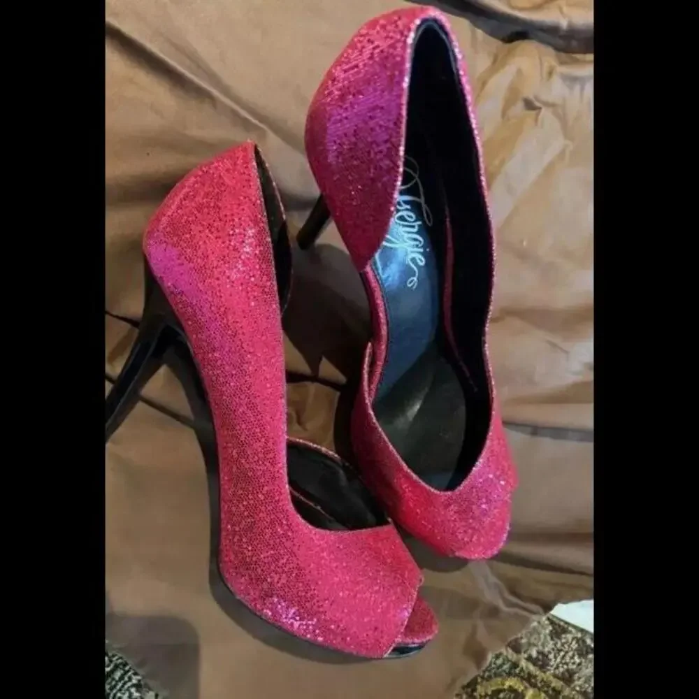 👠😎🩷Fergie Awareness Women's Peep Toe High Heels Pumps 5.5M (Glitter Pink)